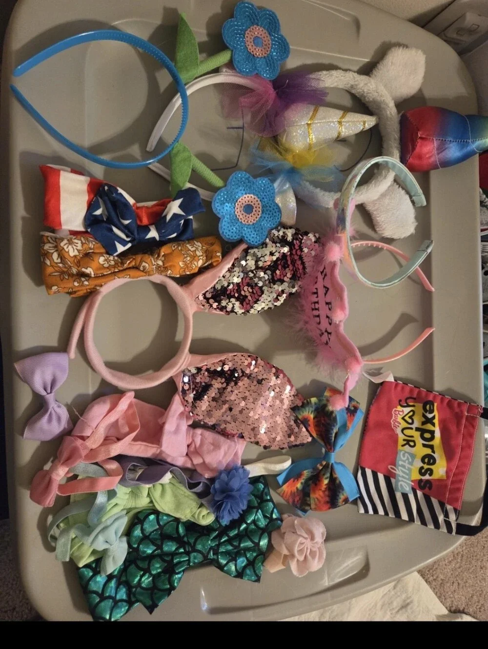 Lot huge bundle of hair accessories headbands & bows birthday crown & barbiebag